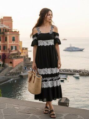 * Pinko Cotttagecore Black Silk Cotton Empire Waist Dress W/White Lace Trim US 4